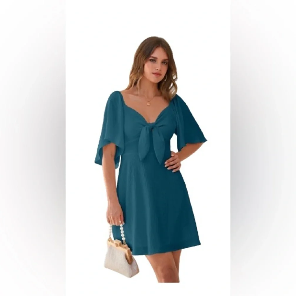 Sea Green Pleated A-Line Mini Dress with Flutter Sleeves XL